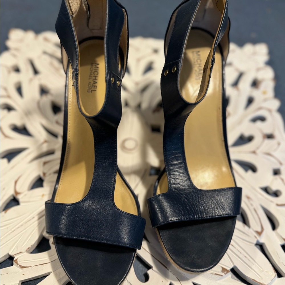 Michael Kors Navy Blue Leather T-Strap Heels